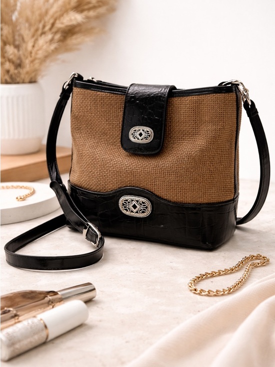 None Handbags - Straw & Croc Embossed Crossbody Bag